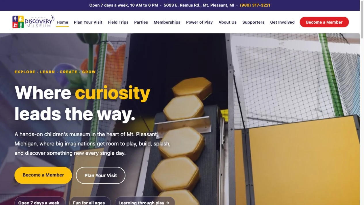 Mt. Pleasant Discovery Museum homepage, with its colorful navigation and Where curiosity leads the way headline